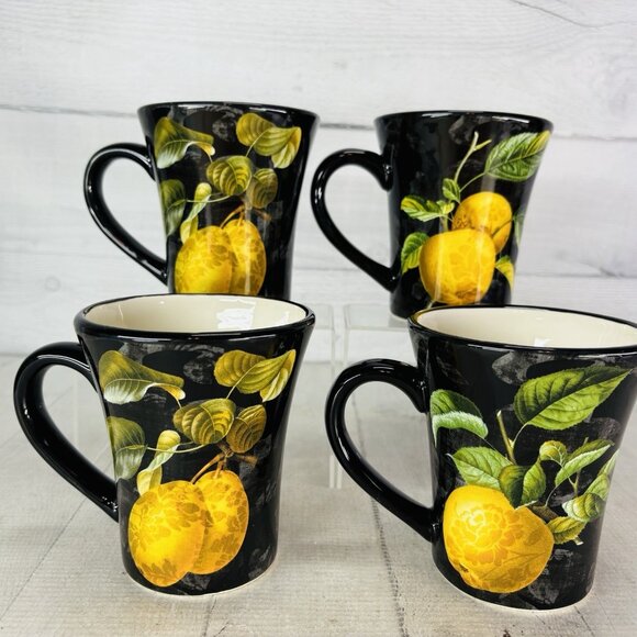 Certified International COLOR BAKERY FRUIT Damask Black Golden Pears Mugs Set 4 - Picture 5 of 16